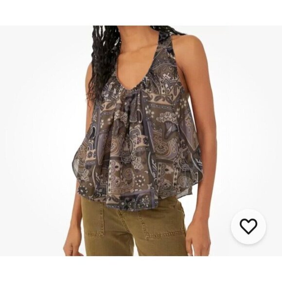 Free People Strawberry Print Halter Tank Top Sz Small Paisley Chiffon Colorful - Picture 1 of 10